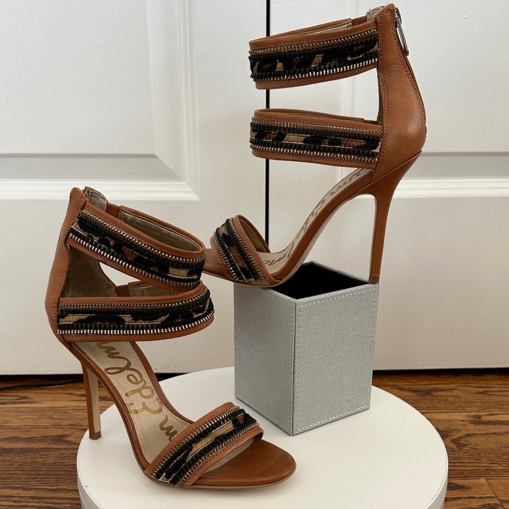 Sam Edelman Alton Leather Leopard Tan Black Calf Hair Strappy 4” Heels Size 7
